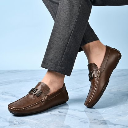Men's Woven Cowhide Leather Loafers – Polished Metal Accent