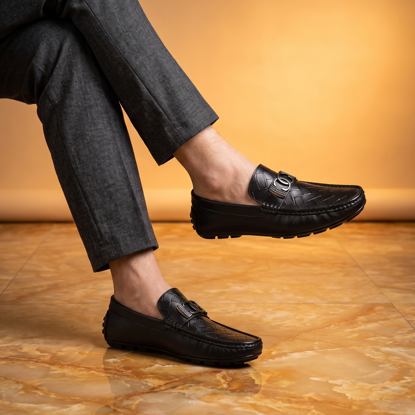 Men's Woven Cowhide Leather Loafers – Polished Metal Accent