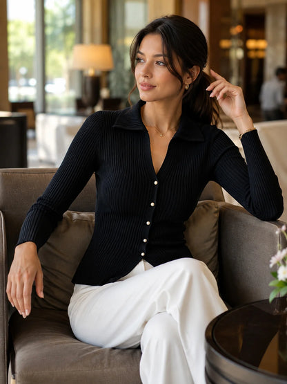 Women's Ribbed Polo V-Neck Button-Detail Sweater in Black – product view | Hensley London