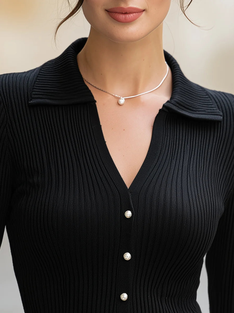 Women's Ribbed Polo V-Neck Button-Detail Sweater in Black – additional view | Hensley London