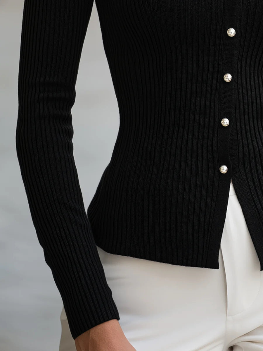 Women's Ribbed Polo V-Neck Button-Detail Sweater in Black – additional view | Hensley London