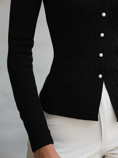 Women's Ribbed Polo V-Neck Button-Detail Sweater in Black – additional view | Hensley London
