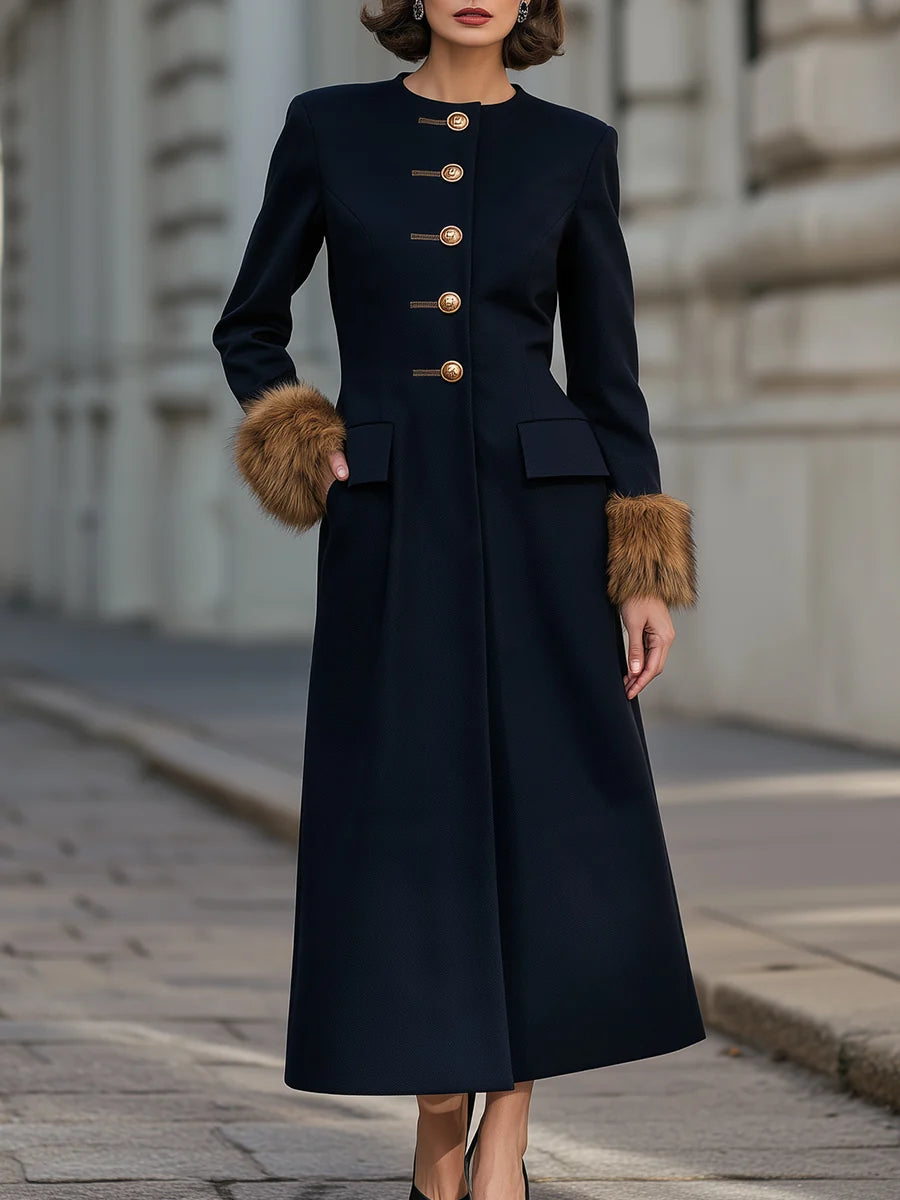 Women's Button-Front Maxi Coat Dress with Plush Cuffs in Navy – product view | Hensley London