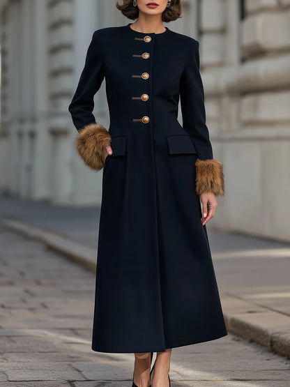 Women's Button-Front Maxi Coat Dress with Plush Cuffs in Navy – product view | Hensley London