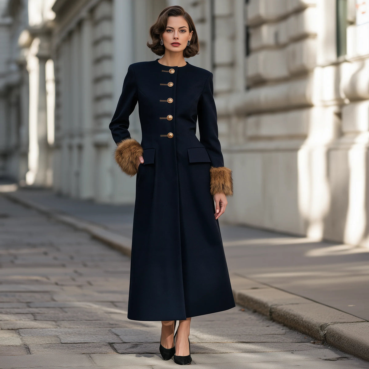 Women's Button-Front Maxi Coat Dress with Plush Cuffs in Navy – product view | Hensley London