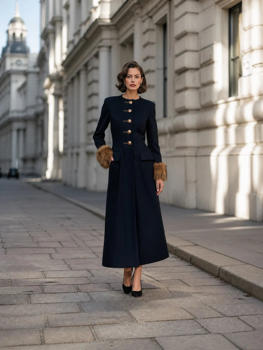 Women's Button-Front Maxi Coat Dress with Plush Cuffs in Navy – product view | Hensley London