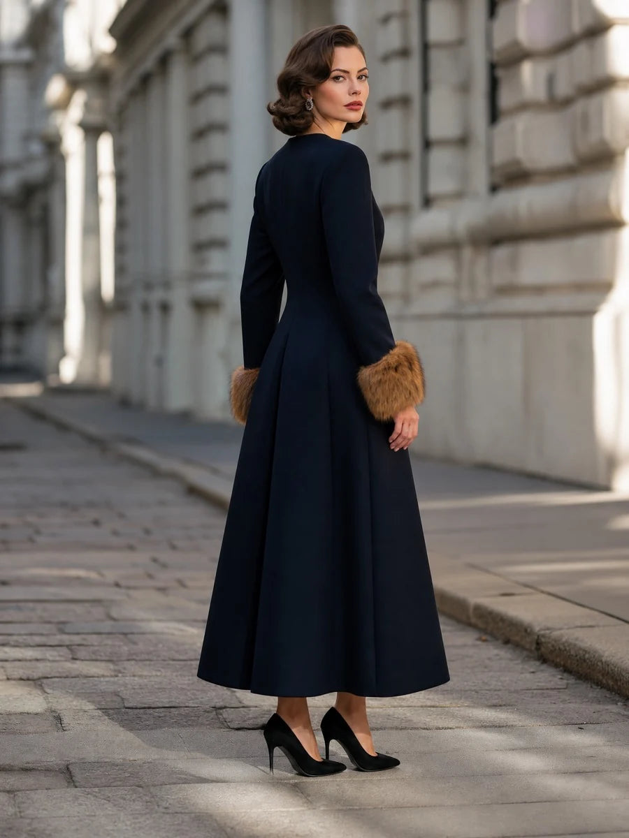 Women's Button-Front Maxi Coat Dress with Plush Cuffs in Navy – product view | Hensley London