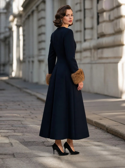 Women's Button-Front Maxi Coat Dress with Plush Cuffs in Navy – product view | Hensley London