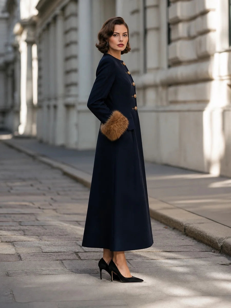 Women's Button-Front Maxi Coat Dress with Plush Cuffs in Navy – product view | Hensley London