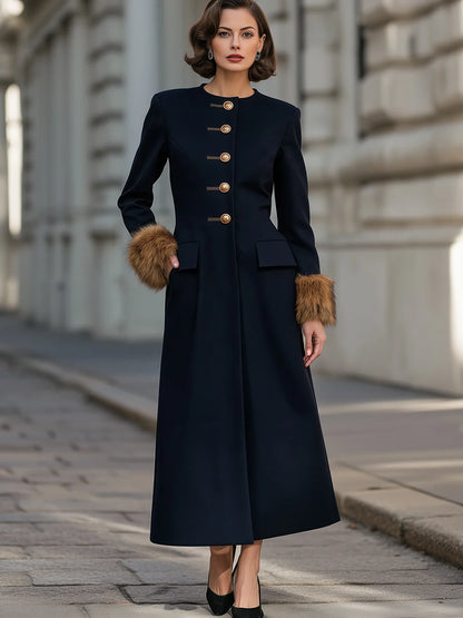Women's Button-Front Maxi Coat Dress with Plush Cuffs in Navy – product view | Hensley London