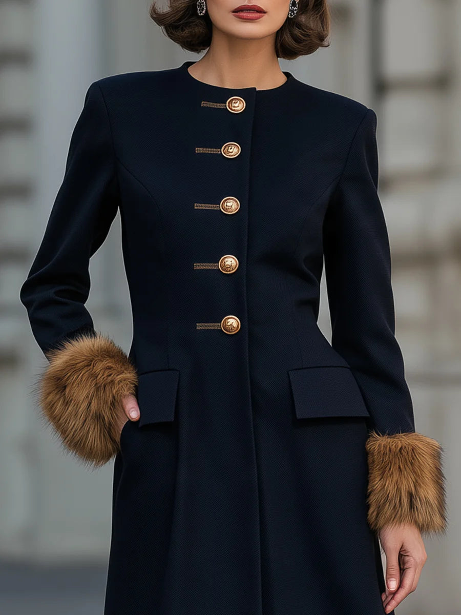 Women's Button-Front Maxi Coat Dress with Plush Cuffs in Navy – product view | Hensley London