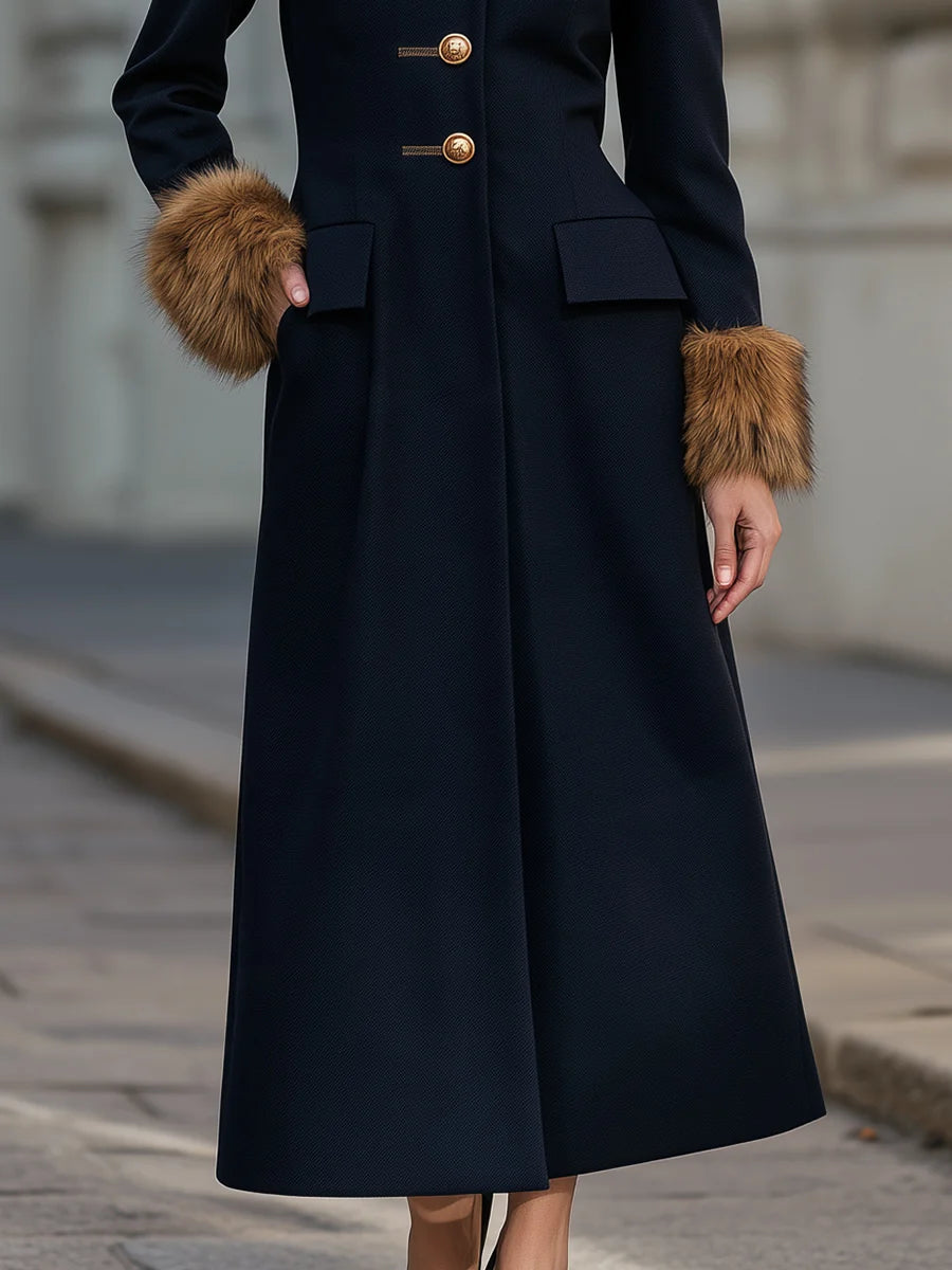 Women's Button-Front Maxi Coat Dress with Plush Cuffs in Navy – product view | Hensley London