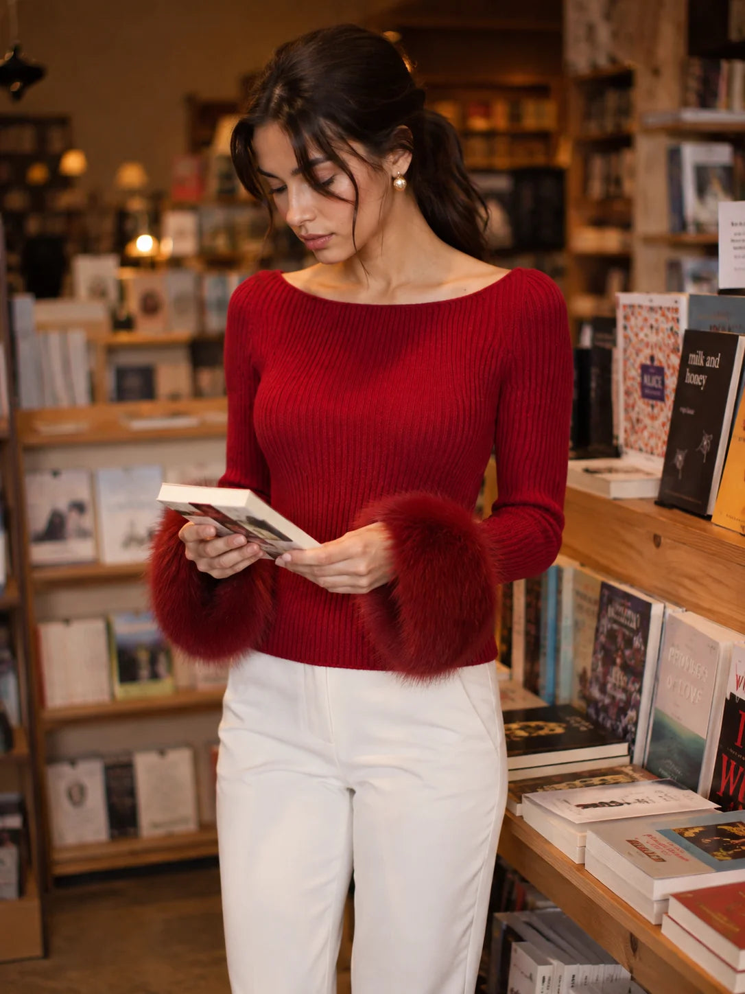 Women's Boat-Neck Ribbed Sweater with Faux Fur Cuffs – additional product view | Hensley London