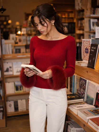 Women's Boat-Neck Ribbed Sweater with Faux Fur Cuffs – additional product view | Hensley London