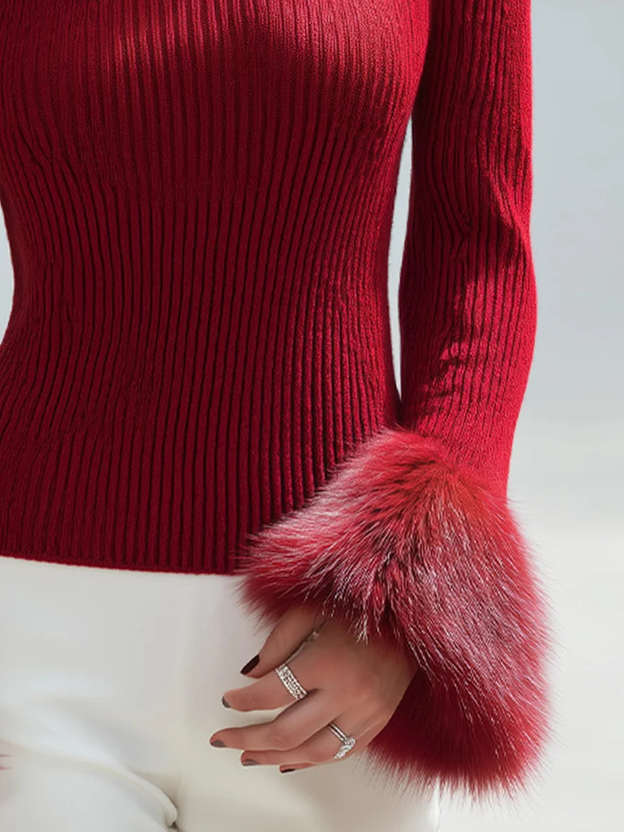 Women's Boat-Neck Ribbed Sweater with Faux Fur Cuffs – additional product view | Hensley London