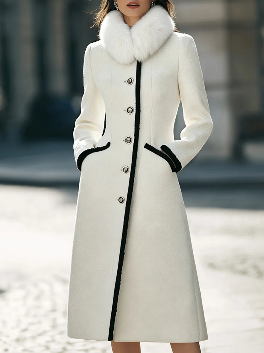 Women's Contrast-Trim Button-Front Long Coat in White – product view | Hensley London