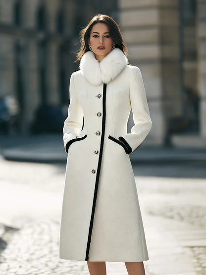 Women's Contrast-Trim Button-Front Long Coat in White – product view | Hensley London