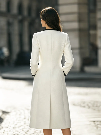 Women's Contrast-Trim Button-Front Long Coat in White – product view | Hensley London