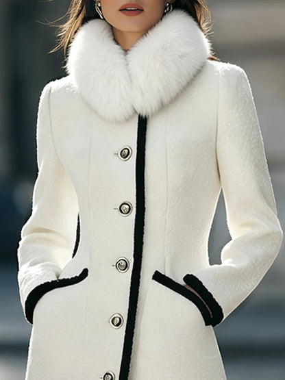 Women's Contrast-Trim Button-Front Long Coat in White – product view | Hensley London