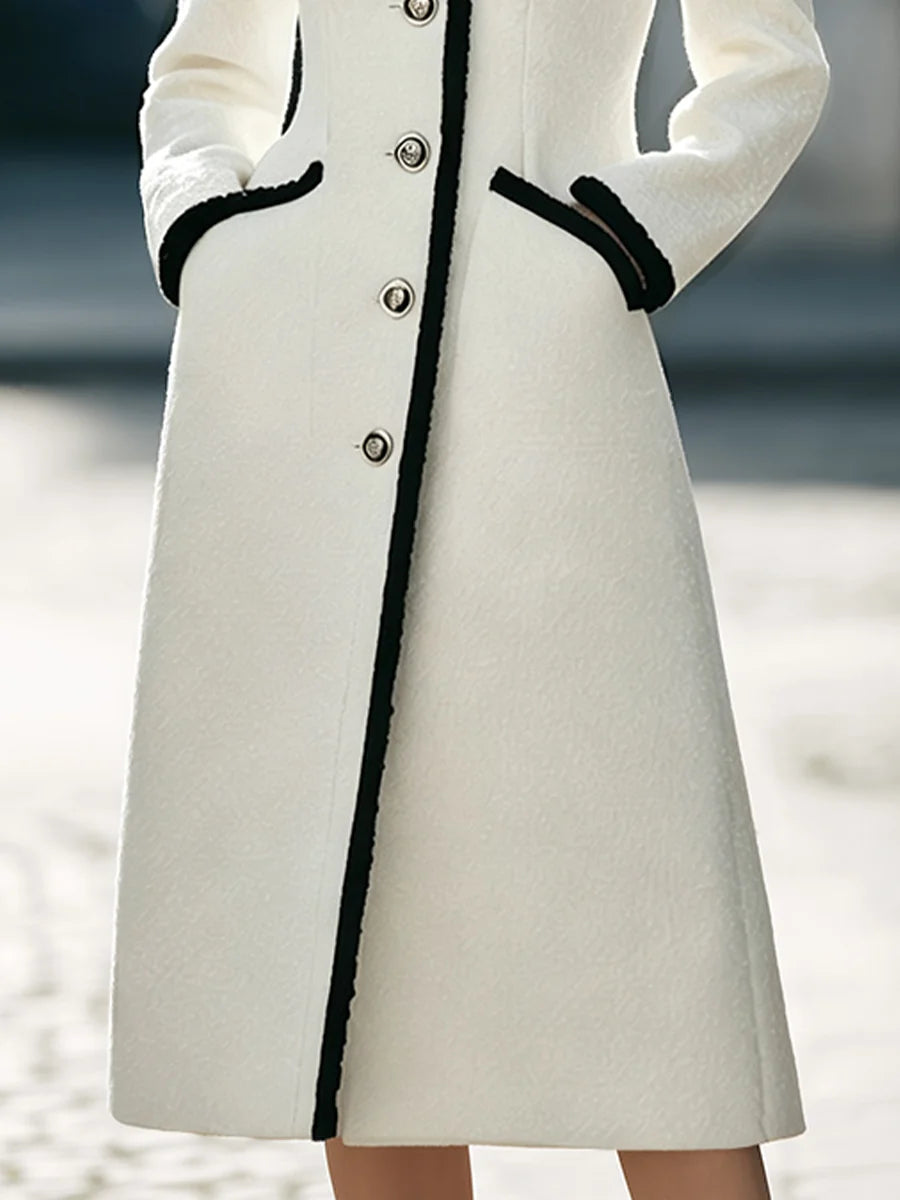 Women's Contrast-Trim Button-Front Long Coat in White – product view | Hensley London