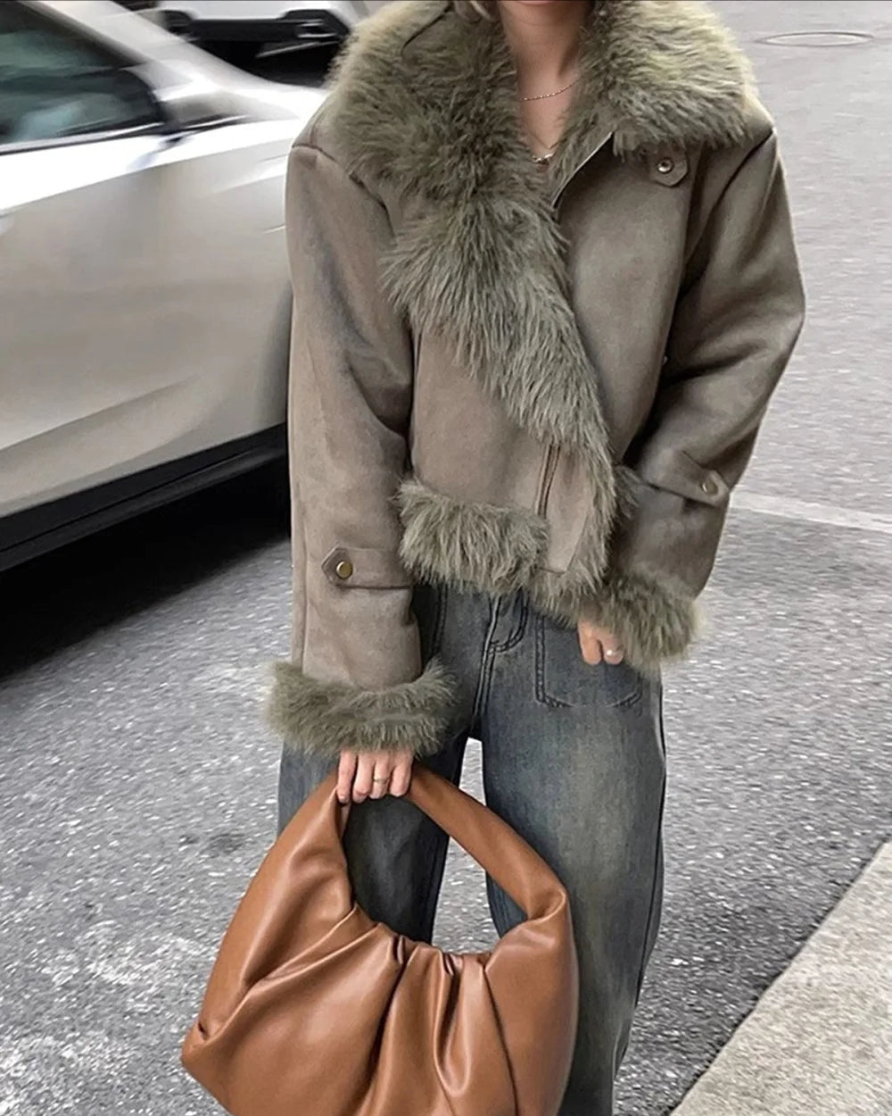 Mila Women's Faux Fur Suede Biker Jacket | Slim Fit, Stand Collar 4