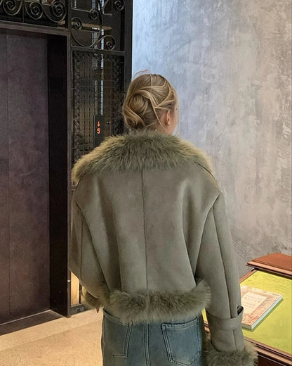 Mila Women's Faux Fur Suede Biker Jacket | Slim Fit, Stand Collar 5