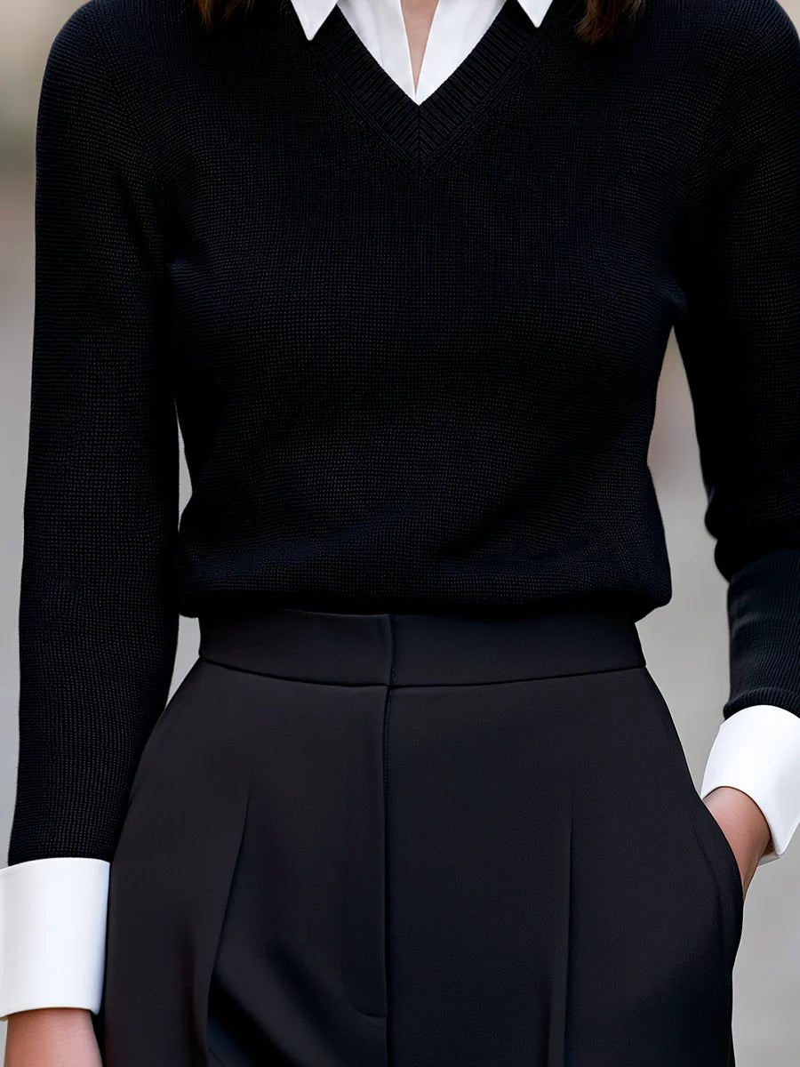 Women's Contrast-Collar Layered-Look Sweater – product view | Hensley London