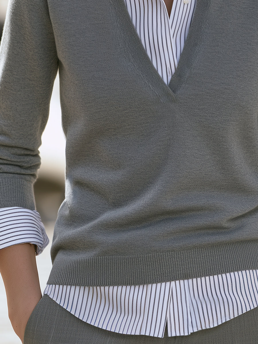 Women's Striped-Shirt Layered-Look V-Neck Knit Top in Gray – product view | Hensley London