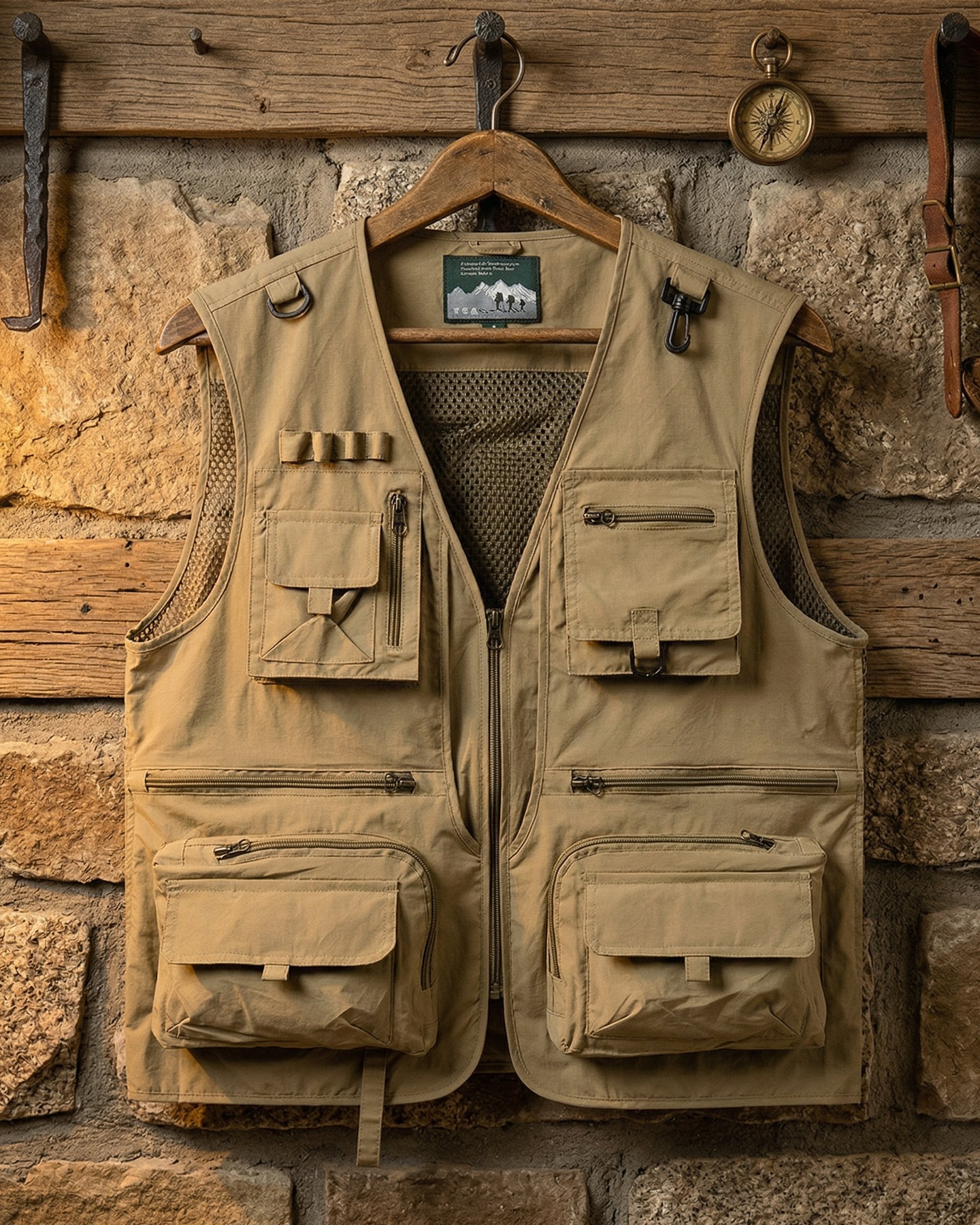 Men's Utility Field Vest in Khaki – front view | Hensley London