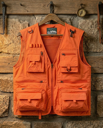 Men's Utility Field Vest in Orange – front view | Hensley London