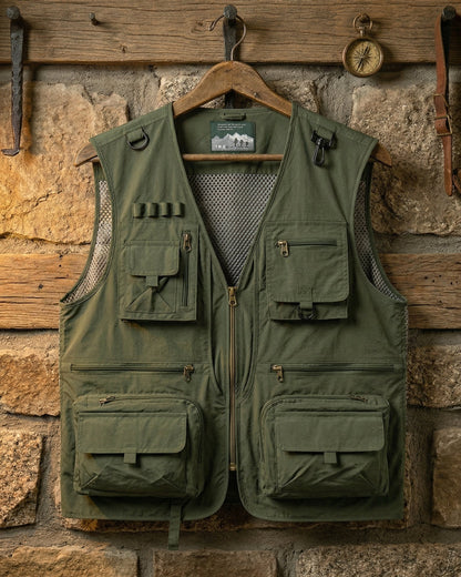 Men's Utility Field Vest in Army Green – front view | Hensley London