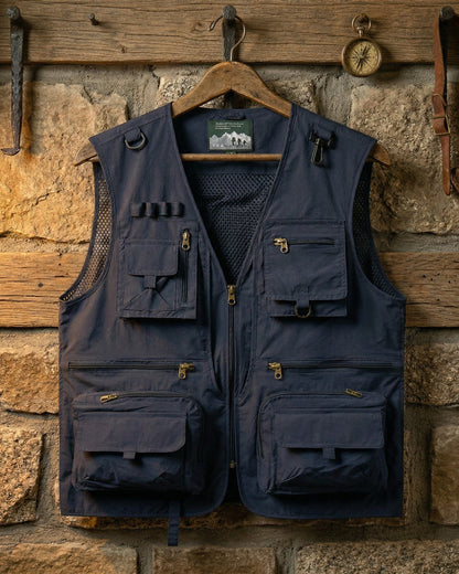 Men's Utility Field Vest in Dark Blue – front view | Hensley London