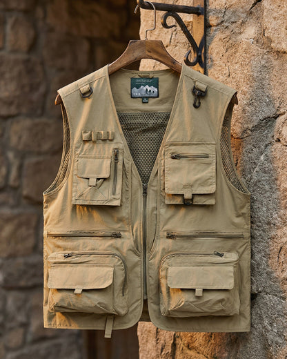 Men's Utility Field Vest in Khaki – lifestyle view | Hensley London