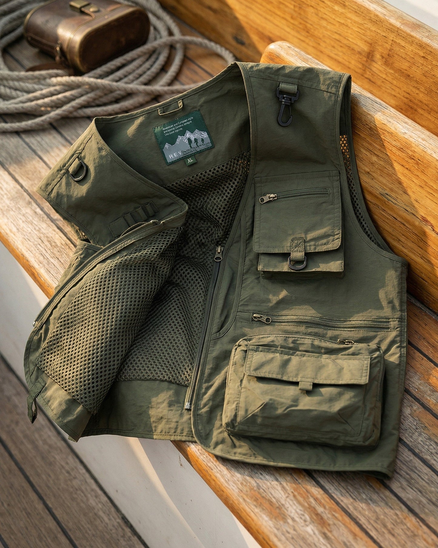 Men's Utility Field Vest in Army Green – back view | Hensley London