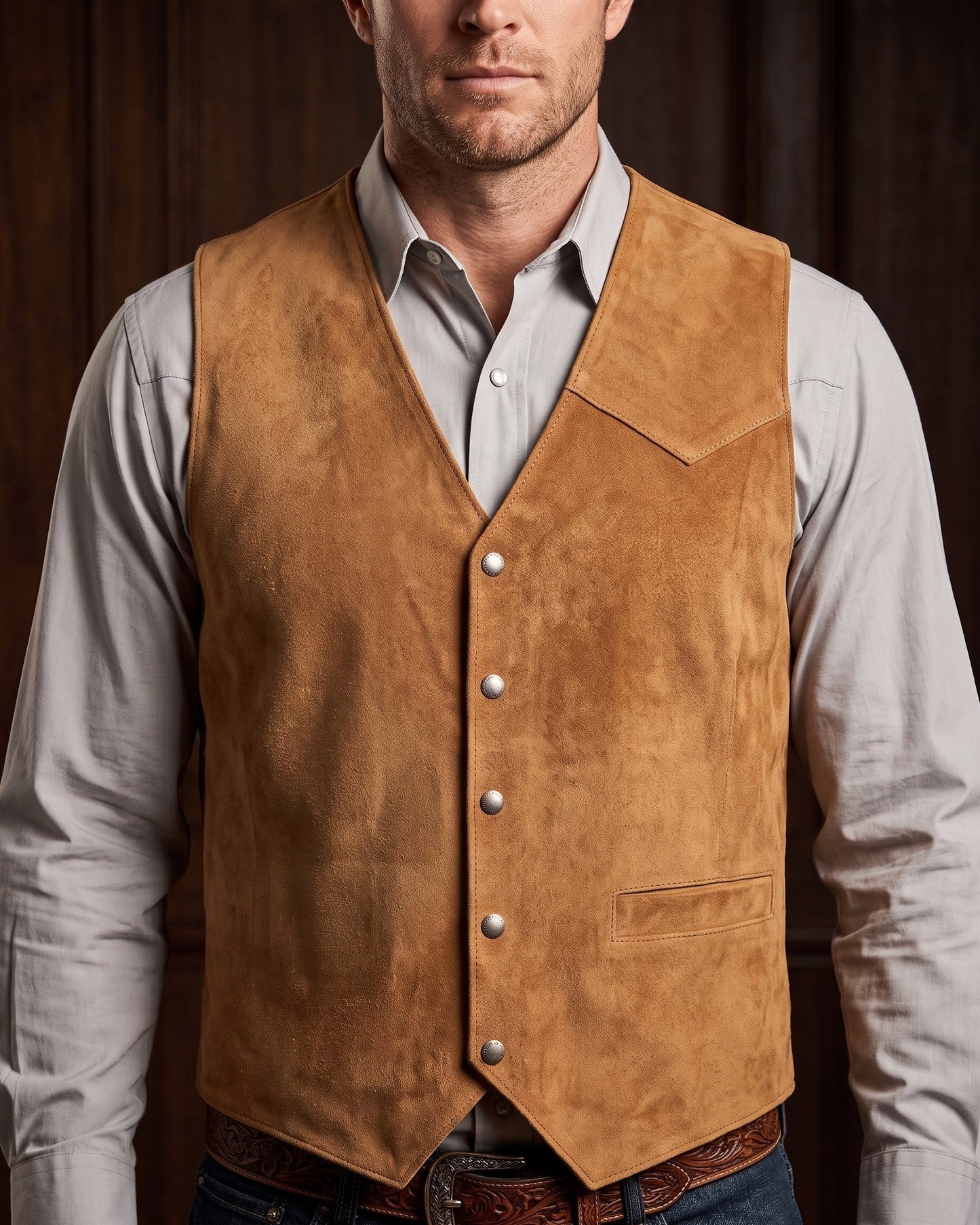 Men's Brushed Suede Western Vest - detail view | Hensley London