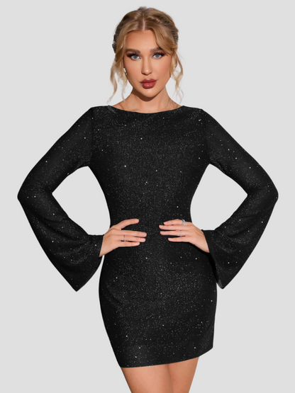 Women's Backless Sequin Dress Black Elegant Long Sleeve - 1