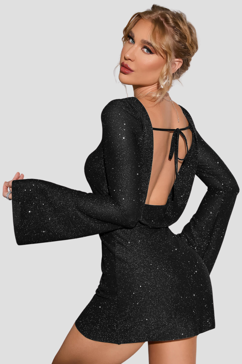 Women's Backless Sequin Dress Black Elegant Long Sleeve - 2