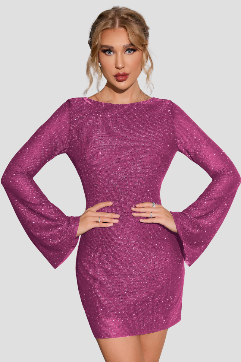 Women's Backless Sequin Dress Black Elegant Long Sleeve - 11