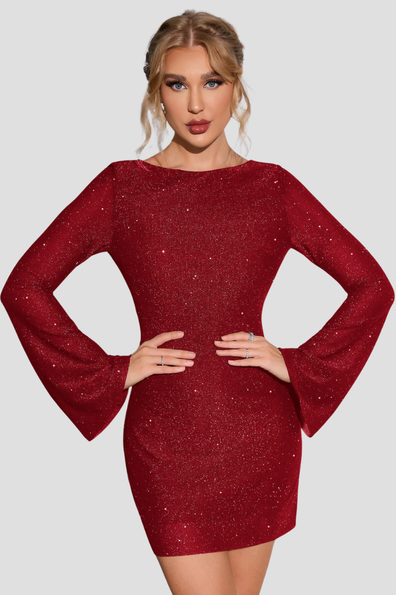 Women's Backless Sequin Dress Black Elegant Long Sleeve - 7