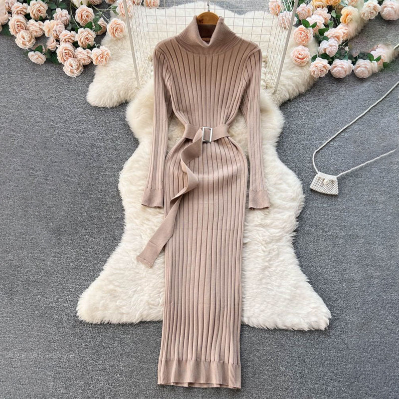 Figure-Flattering Long Sleeve Knitted Turtleneck Bodycon Sweater Dress with Belt 11