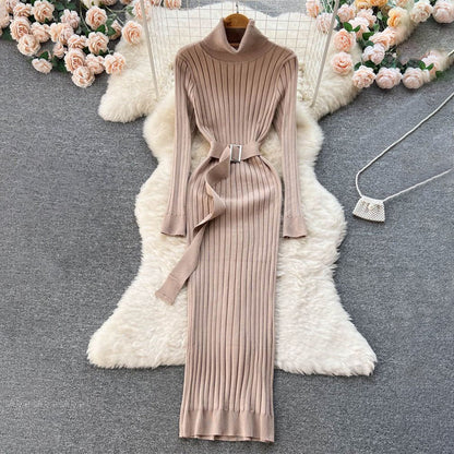Figure-Flattering Long Sleeve Knitted Turtleneck Bodycon Sweater Dress with Belt 11