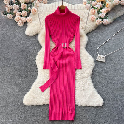 Figure-Flattering Long Sleeve Knitted Turtleneck Bodycon Sweater Dress with Belt 12