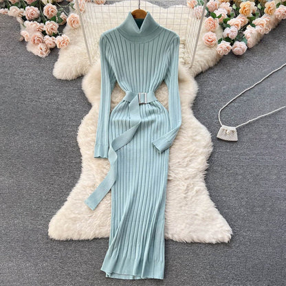 Figure-Flattering Long Sleeve Knitted Turtleneck Bodycon Sweater Dress with Belt 13