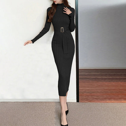 Figure-Flattering Long Sleeve Knitted Turtleneck Bodycon Sweater Dress with Belt 14