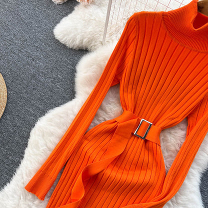 Figure-Flattering Long Sleeve Knitted Turtleneck Bodycon Sweater Dress with Belt 2