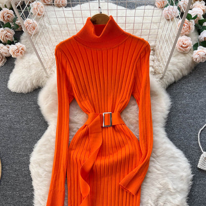 Figure-Flattering Long Sleeve Knitted Turtleneck Bodycon Sweater Dress with Belt 3