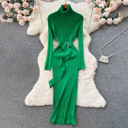 Figure-Flattering Long Sleeve Knitted Turtleneck Bodycon Sweater Dress with Belt 9