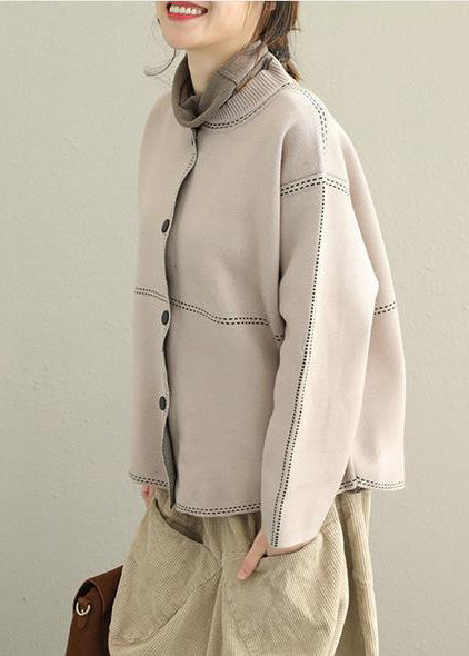 Women's Sweater Coat Beige Cotton Casual Loose Fit - 3