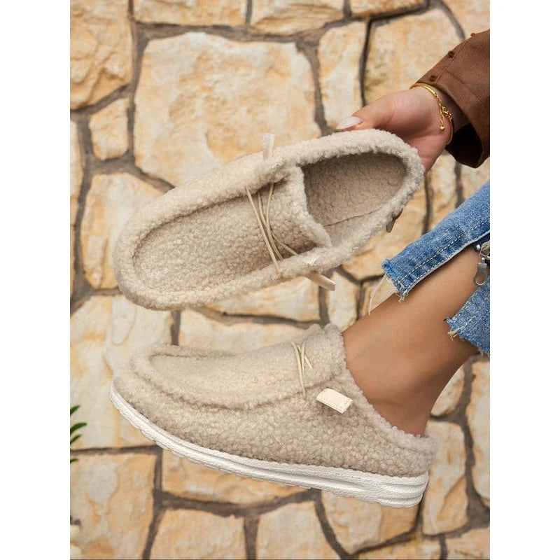 Women's Plush Moccasin Slippers in Beige – product view | Hensley London