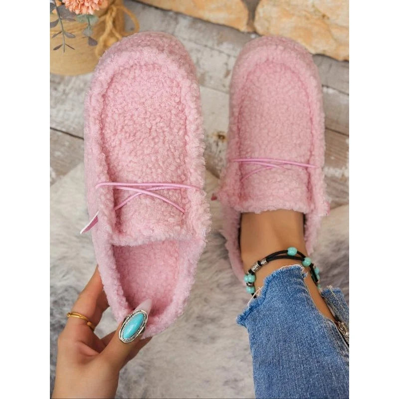 Women's Plush Moccasin Slippers in Pink – product view | Hensley London